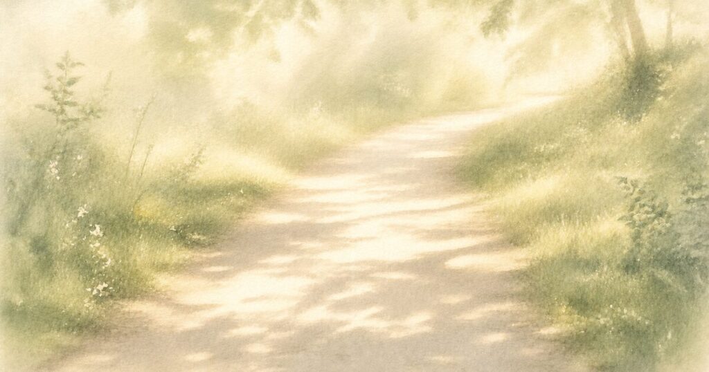 木漏れ日の差し込む静かな草原の水彩イラスト