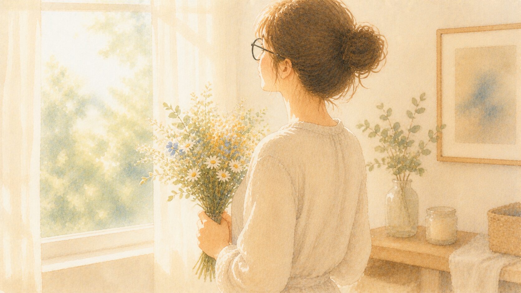 窓辺で野花のブーケを胸に抱く眼鏡をかけた女性の後ろ姿の水彩イラスト
