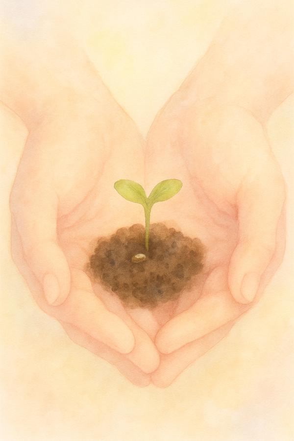 両手の中の芽吹いた種の水彩イラスト