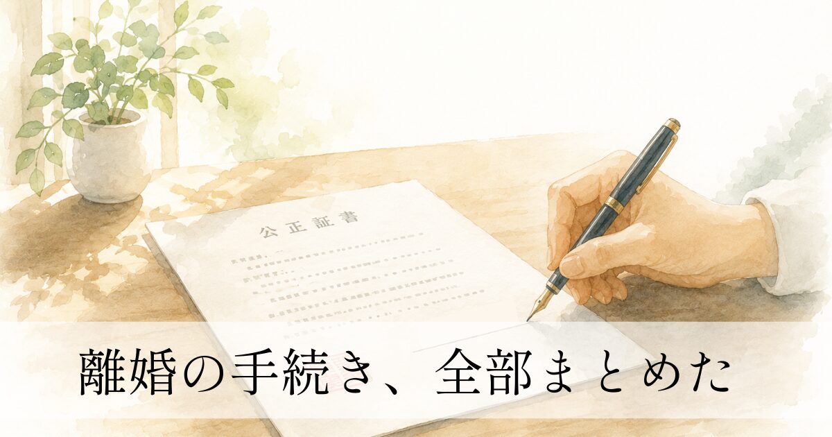 木製デスクの上で書類にサインする手元と小さな植物の水彩イラスト