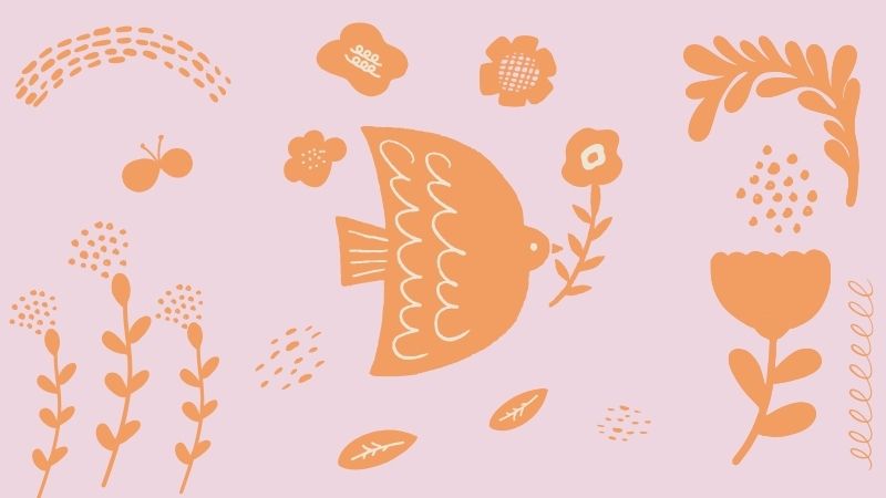 くすみピンクの背景にオレンジの北欧風の鳥や花のモチーフが入ったイラスト