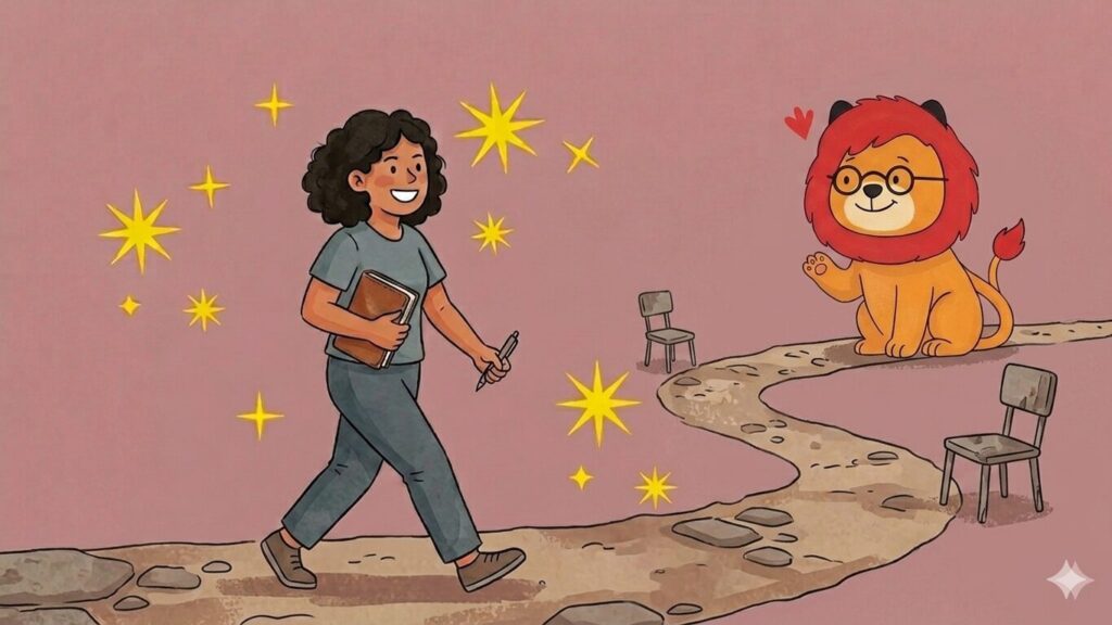 ノートとペンを持ち石畳の道を笑顔で歩く女性と手を振る小さなライオンキャラクター、黄色い星が散りばめられたイラスト