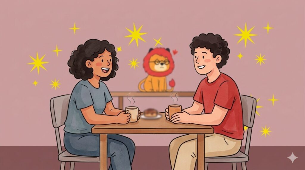 テーブルを挟んで向かい合い笑顔で話す2人と小さなライオンキャラクター、黄色い星が散りばめられたイラスト