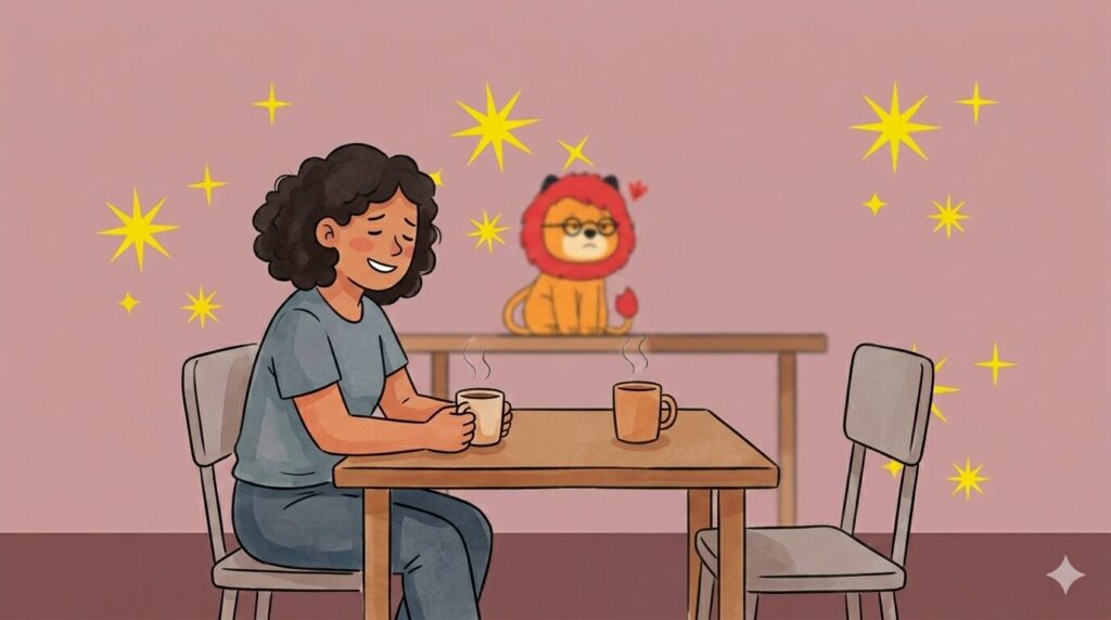 テーブルに一人座りコーヒーカップを持ちながら目を閉じて微笑む女性と小さなライオンキャラクター、黄色い星が散りばめられたイラスト