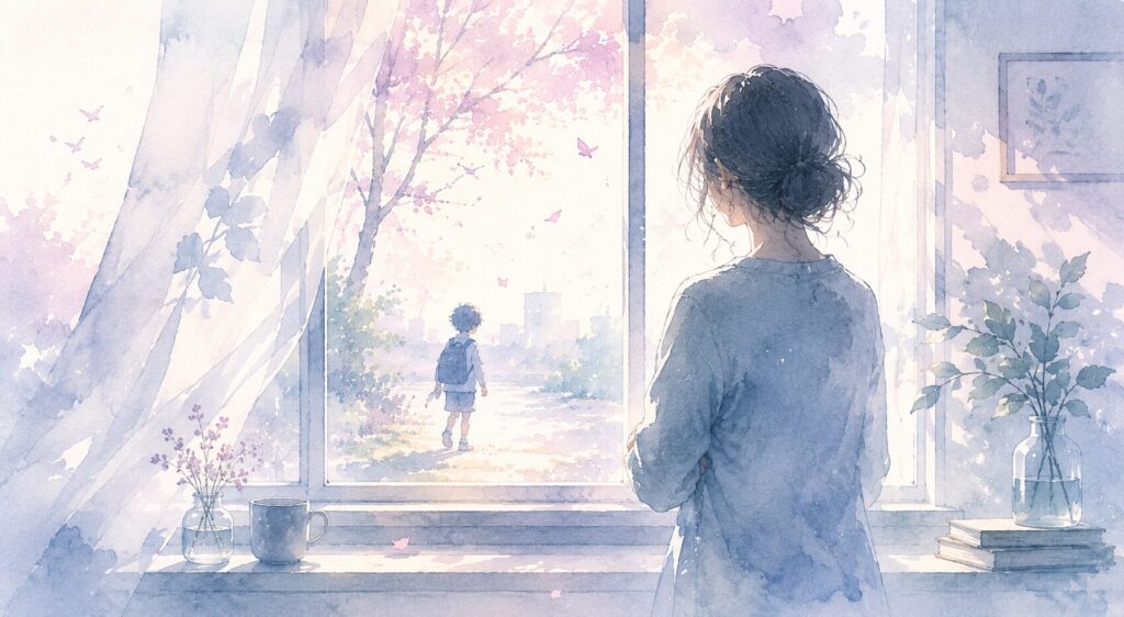 窓の外を一人歩く子どもを、室内から静かに見守る女性の後ろ姿の水彩イラスト。柔らかなピンクの木と揺れるカーテン