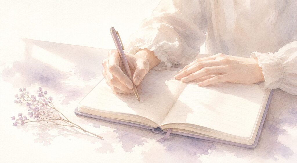 白いレースの袖の女性がノートにペンで丁寧に書き込む手元の水彩イラスト。そばに小さな白い花