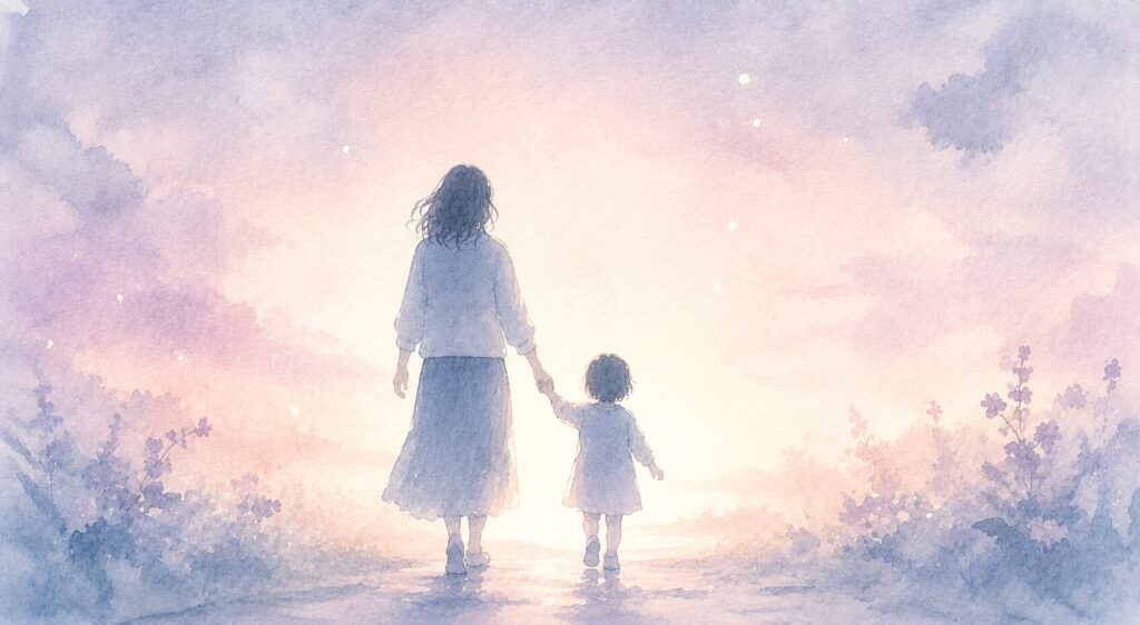 光に向かって手をつなぎ歩く母と子の後ろ姿の水彩イラスト。淡いピンクと紫の空、草花に囲まれた温かな情景