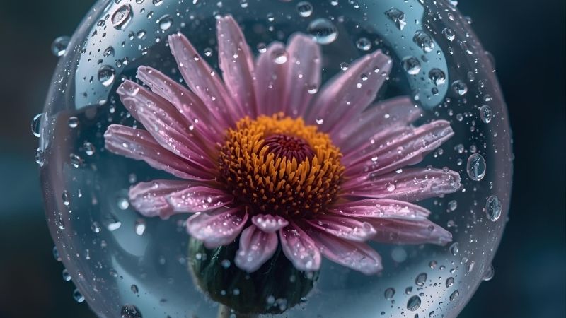 雨粒がついた透明な球体に包まれた、ピンクのガーベラのような花のクローズアップ写真。
