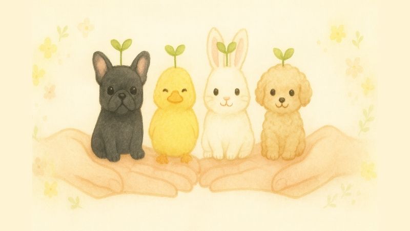 広げた両手の上に、頭に芽を生やした黒いフレンチブルドッグ・黄色いひよこ・白いうさぎ・ベージュのトイプードルが並んでいる様子の淡い水彩画風イラスト
