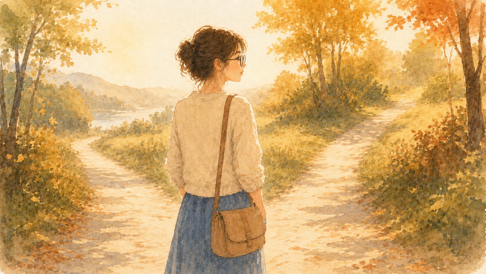 二股に分かれている小道の前でどちらに進むか考えている女性の水彩イラスト