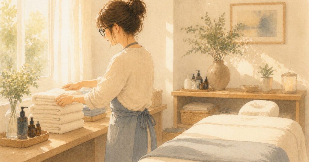 穏やかな自然光が入る施術室。窓際に置いてあるタオルを丁寧に整えている女性の後ろ姿の水彩イラスト