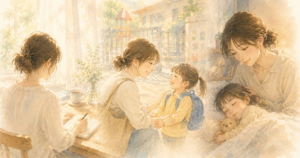 朝の光の中でノートに向かう女性の後ろ姿・保育所のお迎え時の笑顔の母子・眠っている子どもの顔を優しい表情で見つめている母親の3つのシーンが一枚の水彩イラストで描かれている。