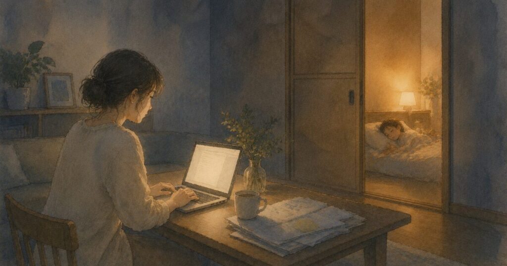 明かりを落としたリビングテーブルの上にパソコンを広げて作業している母親。パソコンの横にはコーヒーと重なっている資料。引き戸が半分しまっている奥の部屋では子どもが寝ている様子が描かれている水彩イラスト。