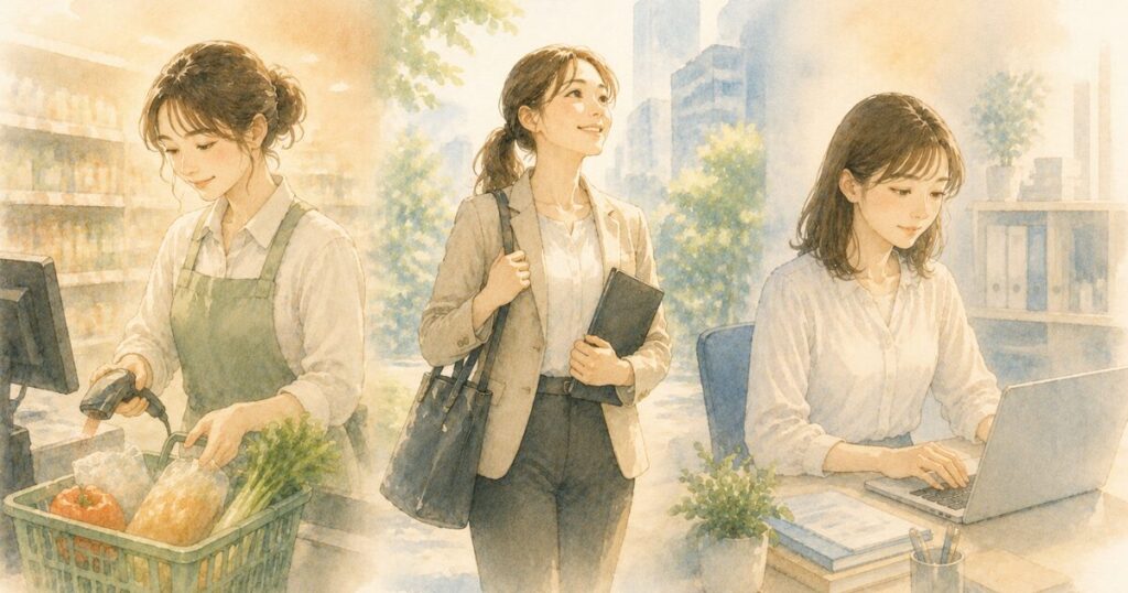 スーパーのレジ打ち・外回り・オフィス業務の3つの働き方をしている女性たちを描いた一枚の水彩イラスト。