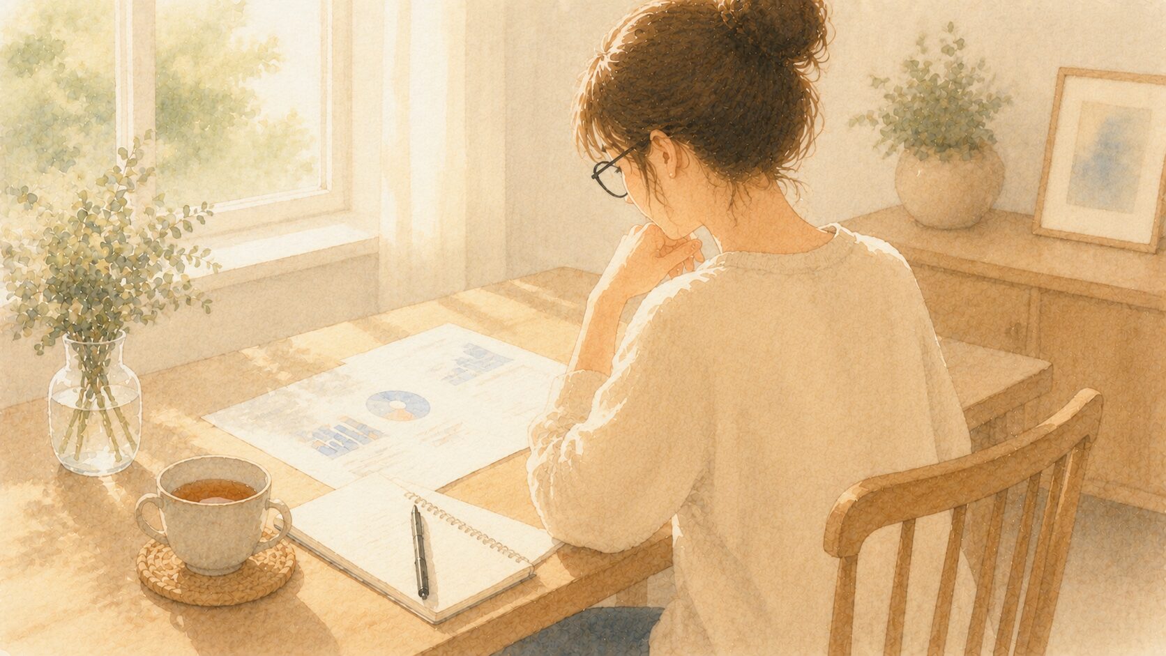 机の上に置いた離床を見て考え込んでいる女性の水彩イラスト