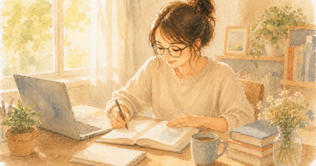日当たりの良いリビングのテーブルにパソコンとテキストを広げて勉強している眼鏡をかけた女性の水彩イラスト