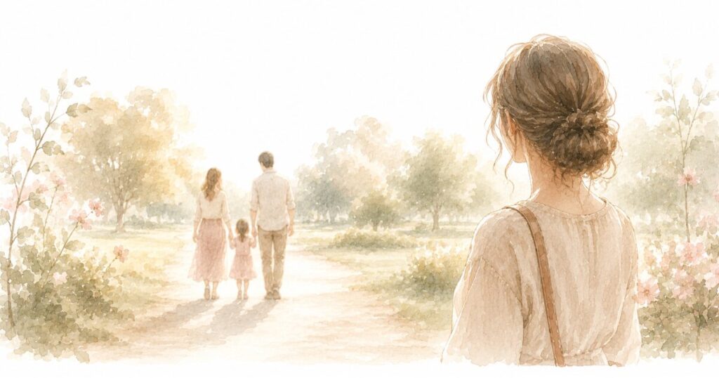 公園で幸せそうな家族連れを遠くから見つめる女性の後ろ姿の水彩イラスト。再婚への憧れと等身大の気持ちをイメージ