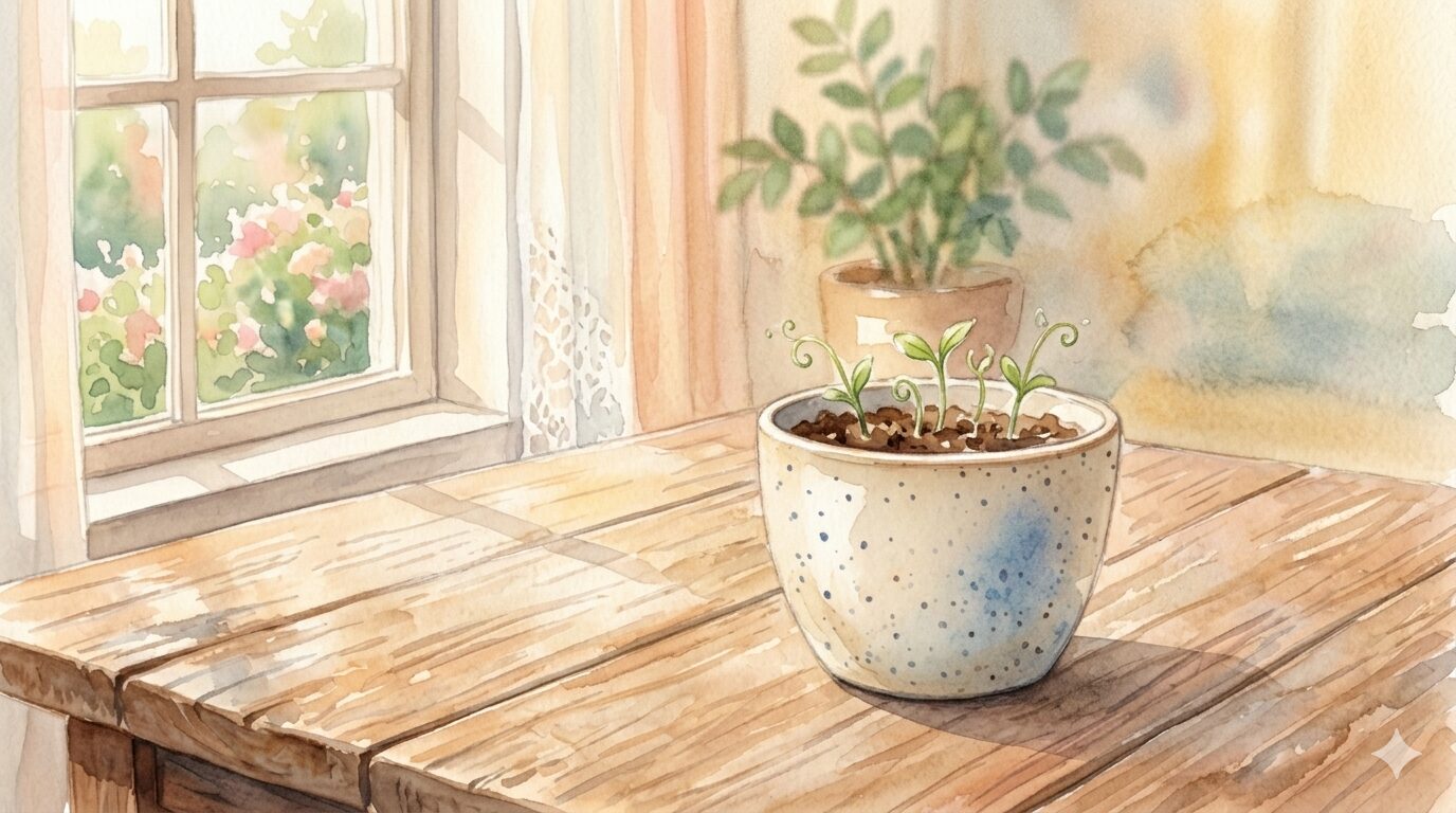 柔らかい朝の光が差し込む窓辺にある、小さな双葉が出た植木鉢。