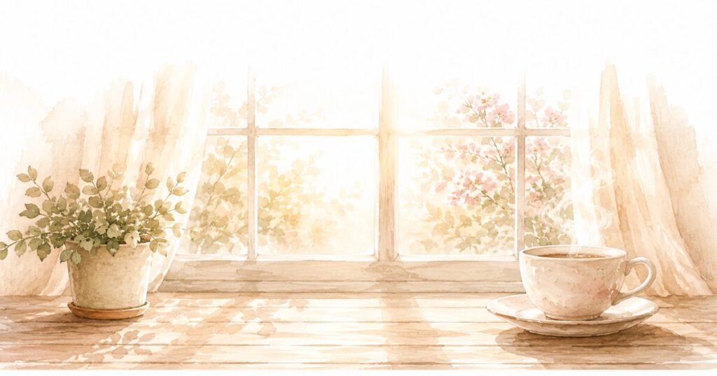 窓辺に置かれた観葉植物と湯気立つコーヒーカップの水彩イラスト。再婚できる人の特徴を振り返る穏やかなひとときのイメージ