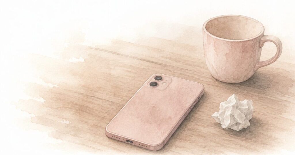 伏せたスマートフォンと空のカップ、くしゃっとした紙を木製テーブルに置いた水彩イラスト