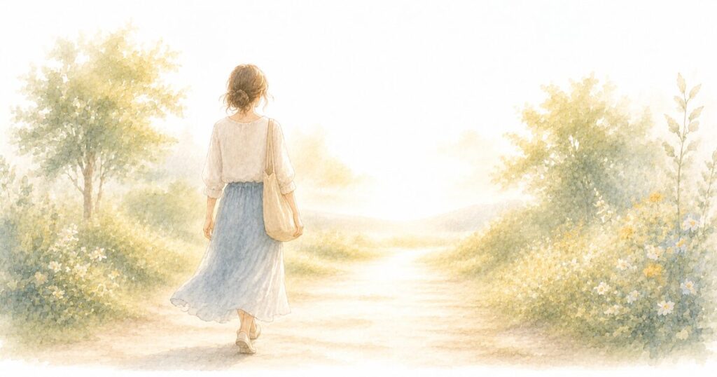 明るい道を一人歩く女性の後ろ姿の水彩イラスト。恋愛への前向きな気持ちをイメージ
