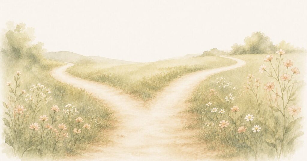 野の花が咲く草原に伸びる二つの分かれ道の水彩イラスト
