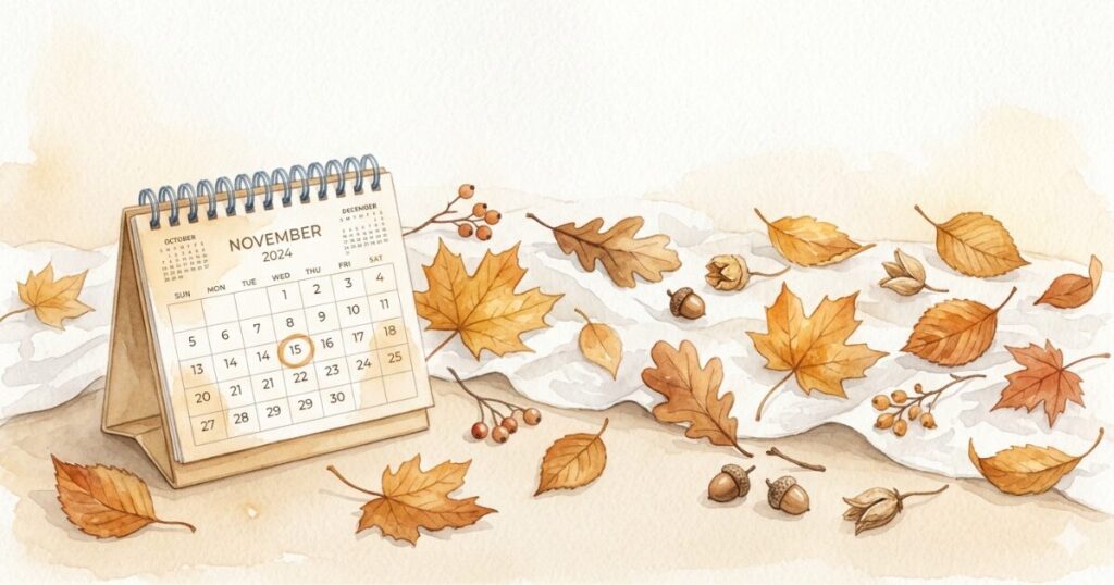 カレンダーと秋の落ち葉の水彩イラスト。手当が止まるタイミングをイメージ