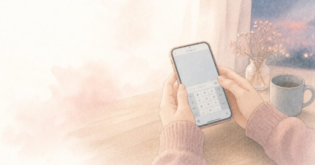夕暮れの窓辺でスマートフォンを操作する手と、コーヒーカップと小花の花瓶を描いた水彩イラスト