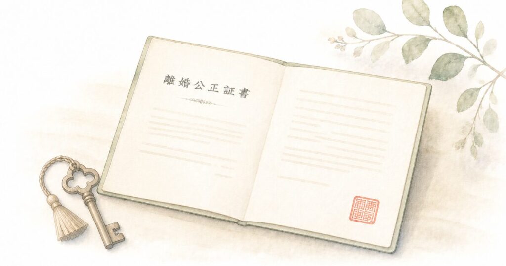 赤い公印が押された離婚公正証書公正証書と書かれた書類とアンティークな鍵を並べた水彩イラスト