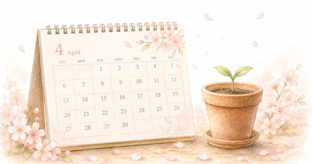4月がの卓上カレンダーと小さな芽が出ている素焼きの鉢にさくらの花びらが舞い落ちている水彩イラスト
