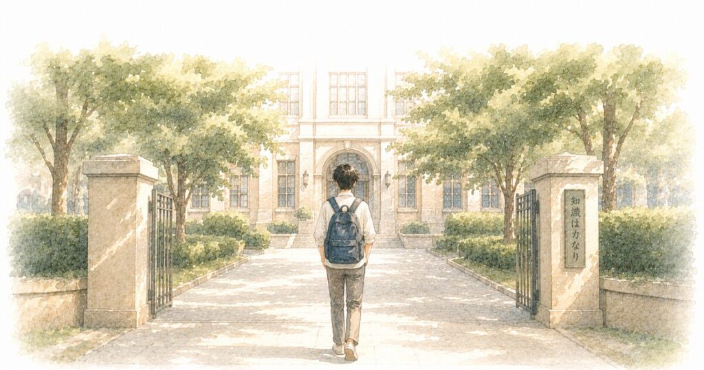 バックパックを背負った男子学生が、木立の道を大きな建物の入口へ向かって歩く後ろ姿の水彩イラスト