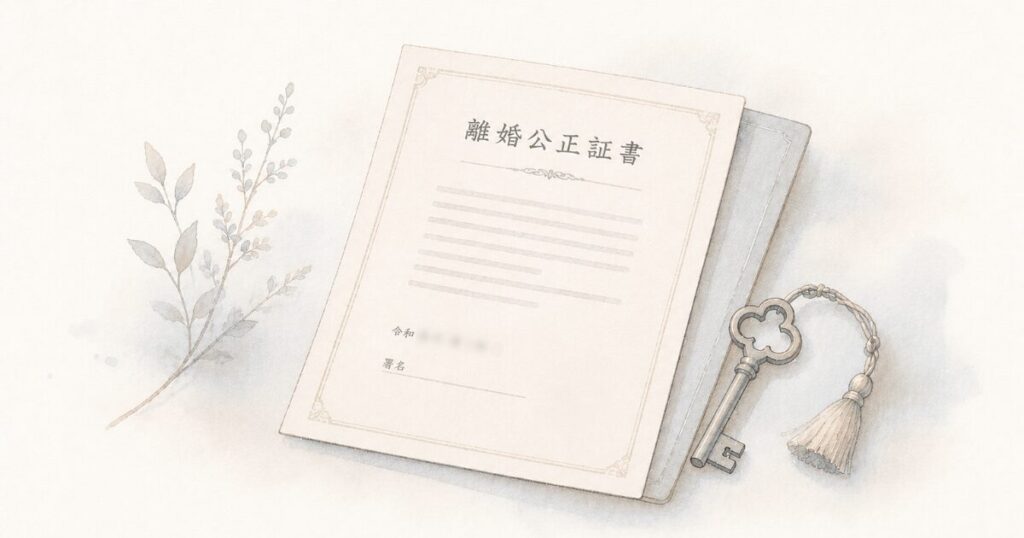 公正証書と書かれた書面と小さな鍵の水彩イラスト