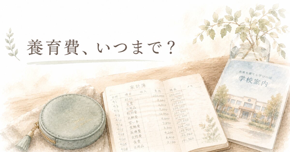 木製テーブルに置かれたおサイフ・家計簿・学校パンフレットの水彩イラスト