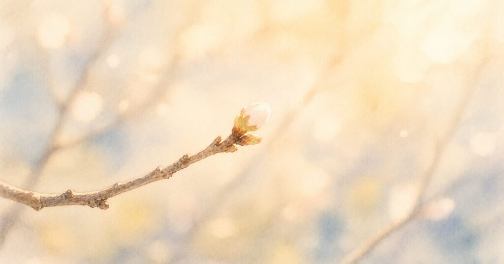 ひとつの小さな芽吹きが始まった枝と柔らかい春の光の水彩イラスト