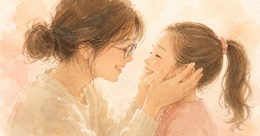 幸せそうな笑顔で見合う母子の水彩イラスト。 お母さんが両手で、目の前にいる娘の両頬を包むようにしている。