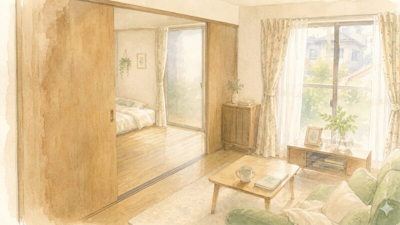 木漏れ日が差し込む窓と引き戸でつながるリビングと寝室、木製ローテーブルにマグカップが置かれた2LDK賃貸の間取りを描いた水彩イラスト