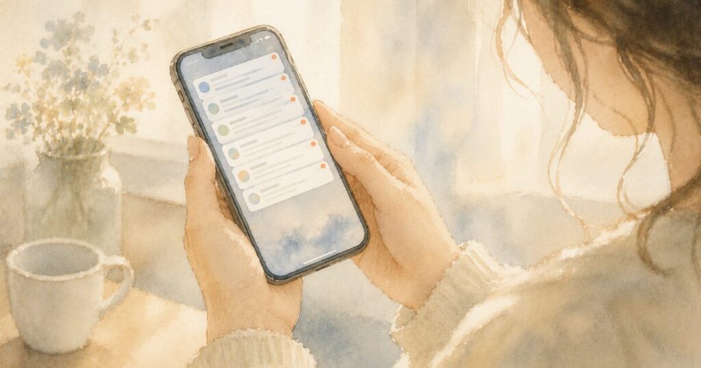 通知が並ぶスマートフォンを両手で持つ女性の手元の水彩イラスト