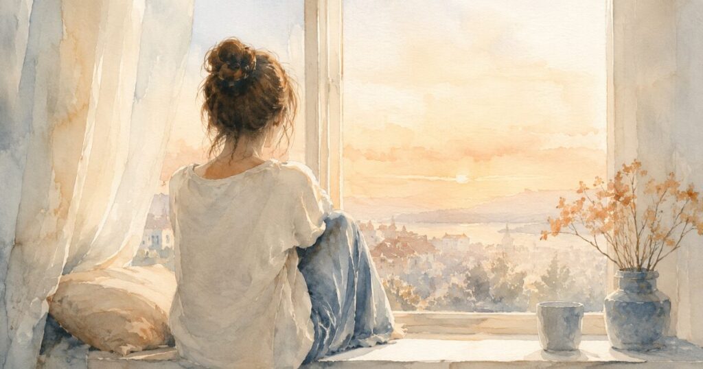 窓辺に座り夕暮れの街並みを眺める女性の後ろ姿と、ドライフラワーの花瓶を描いた水彩イラスト
