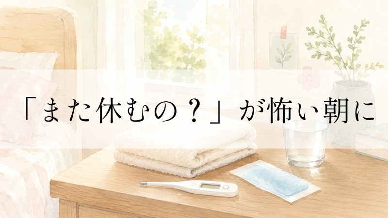 ベッド脇の木のテーブルに置かれた体温計・冷えピタ・水の入ったグラス・折りたたんだタオルと、窓からの朝の光の水彩イラスト